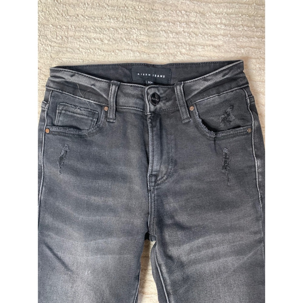Risen Jeans Black Distressed Flare Rhinestone Chain Fringe Jeans Size 0/24 - Picture 5 of 16